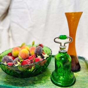 RARE Vintage Emerald Green Anchor Hocking & Avon MCM Glass & Vase 3 pcs Set